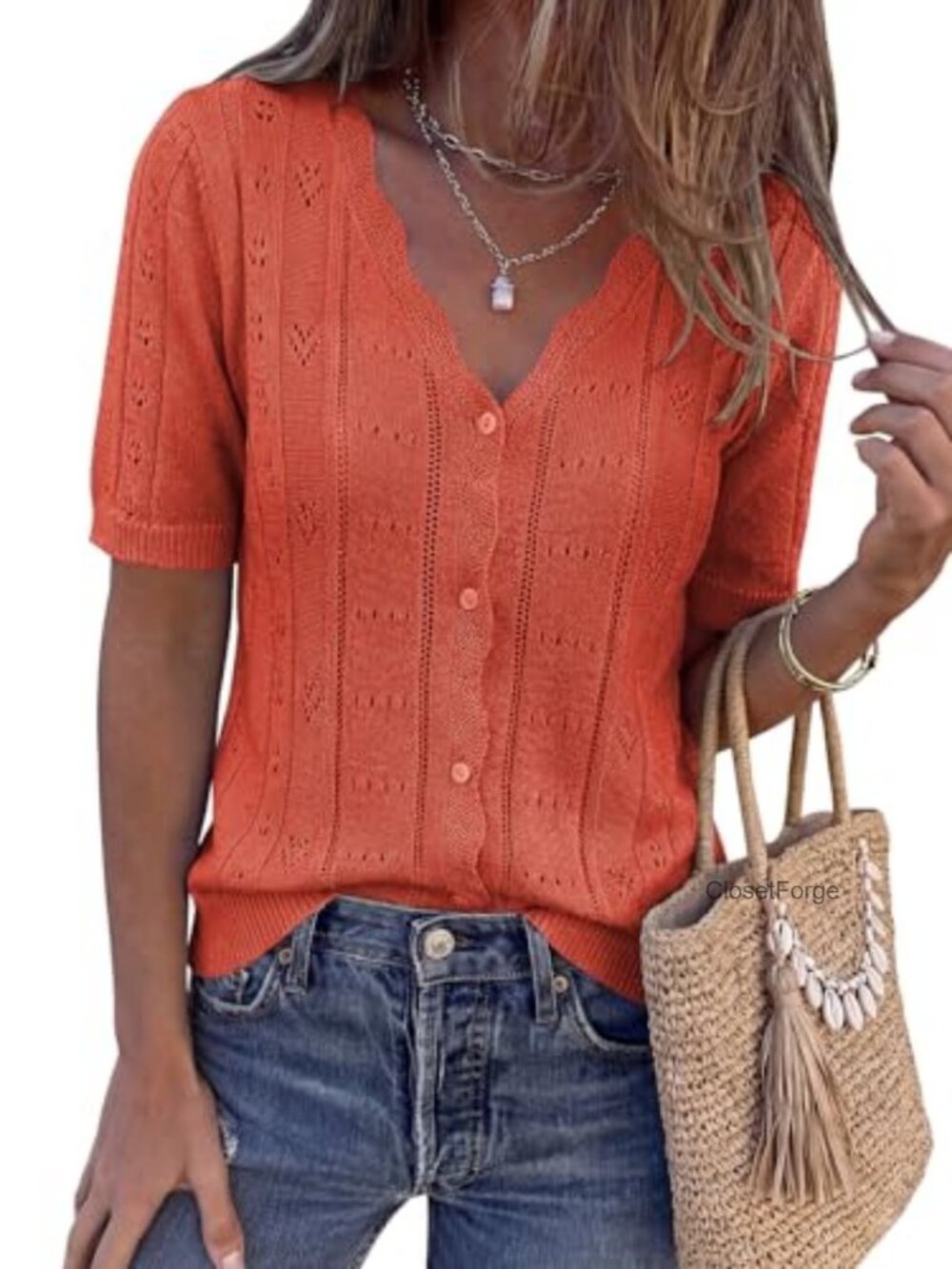 Women's Short Sleeve Crochet Knit Cardigan Sweater V-Neck Button Up Lightweight
